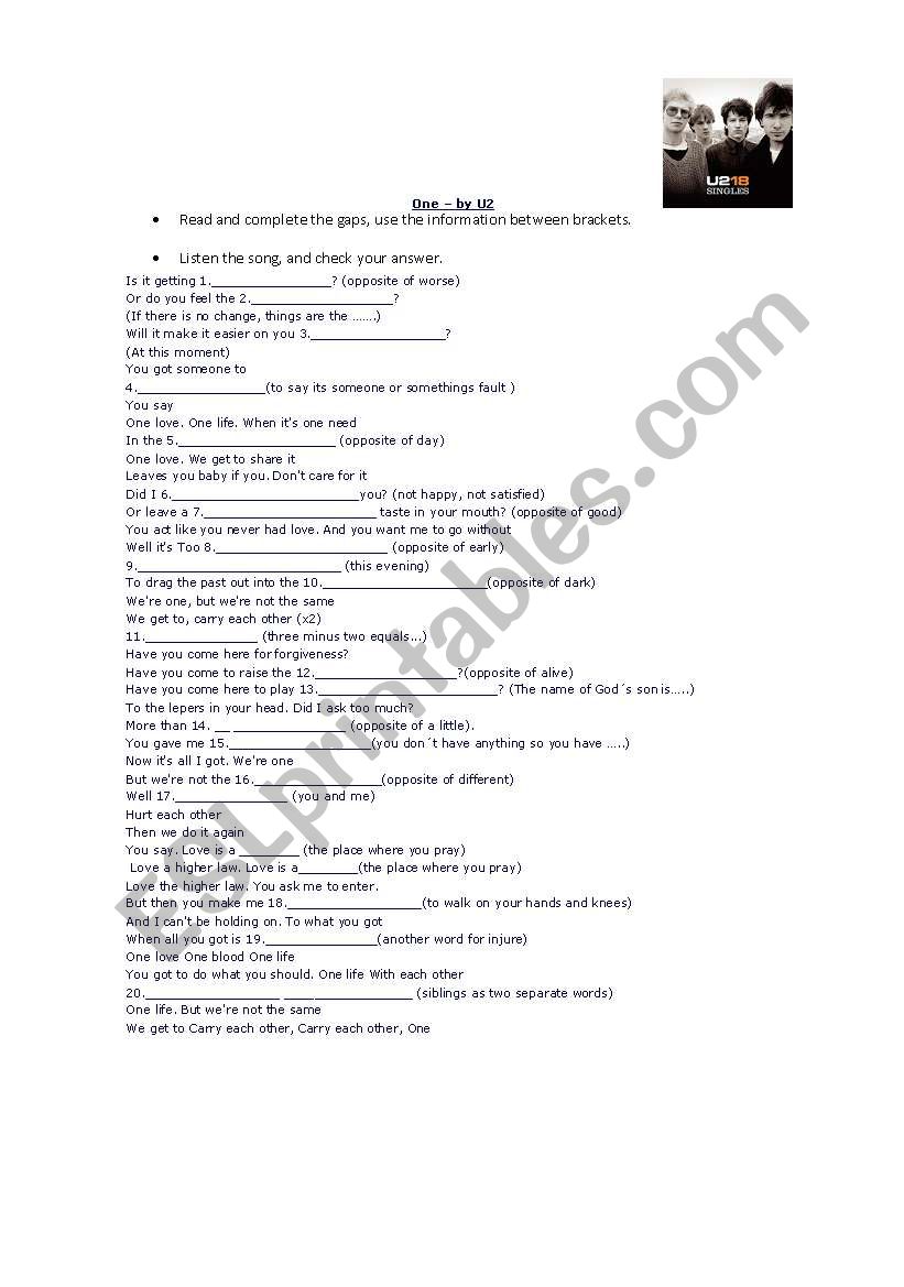 let`s sing a song- one by U2 worksheet